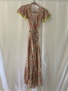 Tanya Taylor Pink Floral Wrap Maxi with Lime Trim